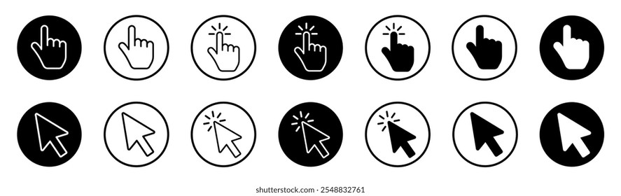 Computer mouse click cursor and hand cursor icons set. Pointer click. Clicking finger. Hand pointer symbol. Vector Illustration