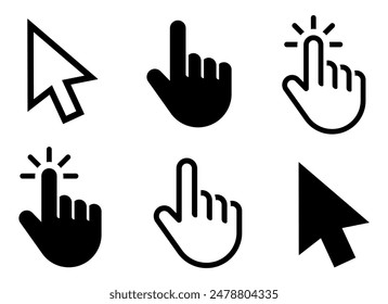 Computer mouse click cursor icon set. Hand and arrow pointer cursor - stock vector.