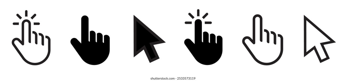 Conjunto de iconos de cursor de Hacer clic de ratón de computadora. Cursor de puntero de mano y flecha - Vector de stock.