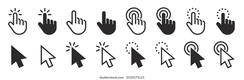 Conjunto de iconos de cursor de Hacer clic de ratón de computadora. Cursor de puntero de mano y flecha - Vector de stock.