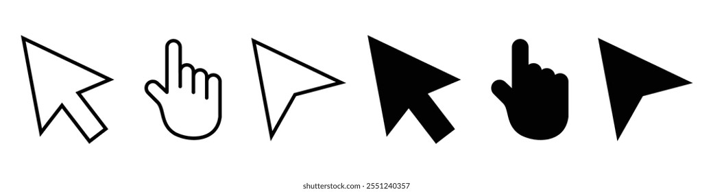 Computer mouse click cursor icon set. Pointer cursor icons. Arrow and hand pointer. Cursor icon. Computer click icon