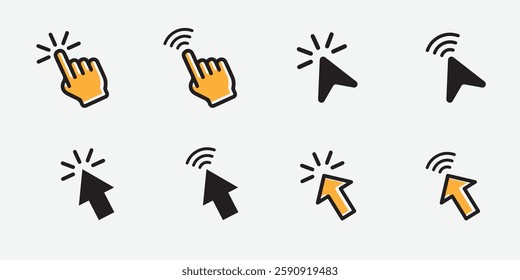 Computer mouse click cursor icon set. Hand and arrow pointer cursor with black and yellow color.