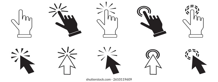 Computer mouse click cursor icon set. Hand and arrow pointer cursor stock vector. Eps 10.