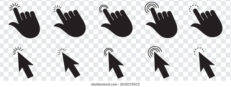 Computer mouse click cursor icon set. Hand and arrow pointer cursor stock vector. Eps 10.