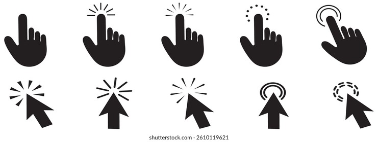 Computer mouse click cursor icon set. Hand and arrow pointer cursor stock vector. Eps 10.