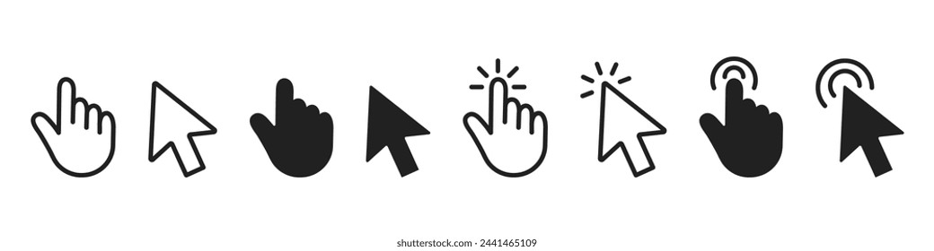 Computer mouse click cursor icons set. Cursor arrow and hand clicking.  Vector illustration.