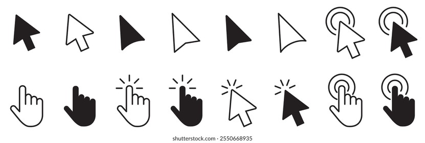 Conjunto de iconos del cursor del Hacer clic del ratón del ordenador. Cursores de mano símbolo colección. Hacer clic de puntero de Vector o icono de carga.