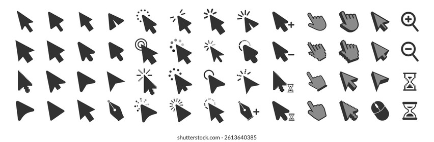 Computer mouse click cursor isolated on transparent. Cursors icons click set. Cursor set in hand, arrow and mouse forms, hand pointer.