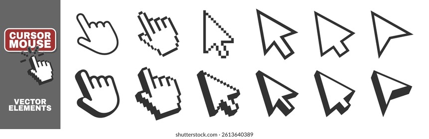 Computer mouse click cursor isolated on transparent. Cursors icons click set. Cursor set in hand, arrow and mouse forms, hand pointer.
