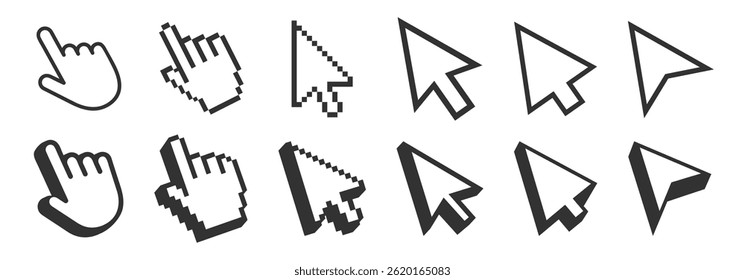 Computer mouse click cursor isolated on transparent. Cursors icons click set. Cursor set in hand, arrow and mouse forms, hand pointer.