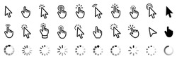 Computer Mouse Click Cursor. Load Symbol. Pointer Cursor And Loading Icon. Cursors Icons Click Set. Clicking Cursor, Pointing Hand Clicks Icons.