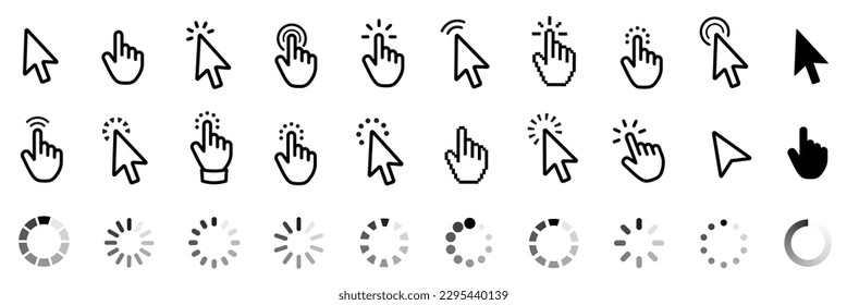 Computer mouse click cursor. Load symbol. Pointer cursor and loading icon. Cursors icons click set. Clicking cursor, pointing hand clicks icons.