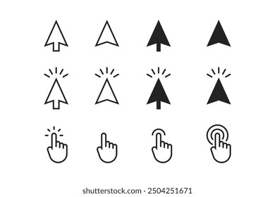 Computer mouse click cursor. Load symbol. Pointer cursor and loading icon. Cursors icons click set. Clicking cursor, pointing hand clicks icons.