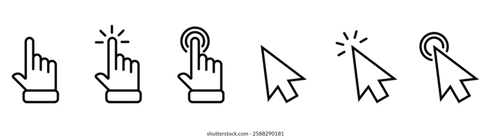 Computer mouse click cursor. Load symbol. Pointer cursor and loading icon. Cursors icons click set. Clicking cursor, pointing hand clicks icons.