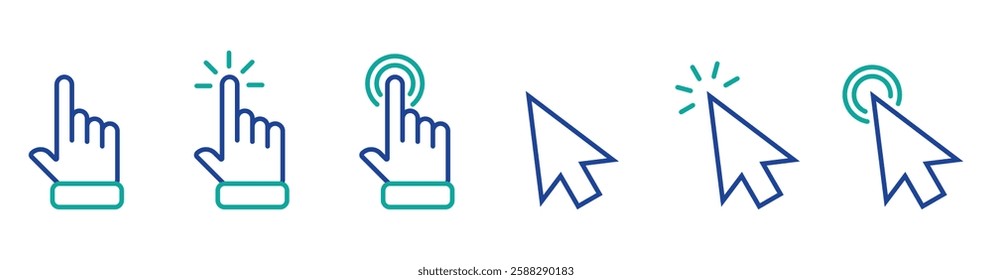 Computer mouse click cursor. Load symbol. Pointer cursor and loading icon. Cursors icons click set. Clicking cursor, pointing hand clicks icons.