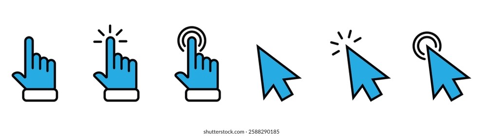 Computer mouse click cursor. Load symbol. Pointer cursor and loading icon. Cursors icons click set. Clicking cursor, pointing hand clicks icons.