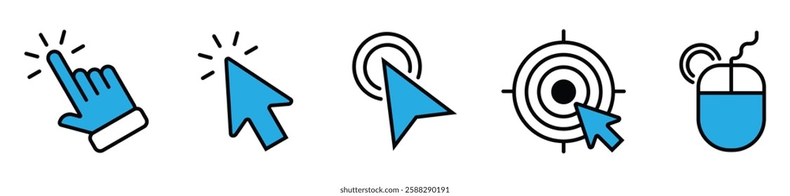 Computer mouse click cursor. Load symbol. Pointer cursor and loading icon. Cursors icons click set. Clicking cursor, pointing hand clicks icons.