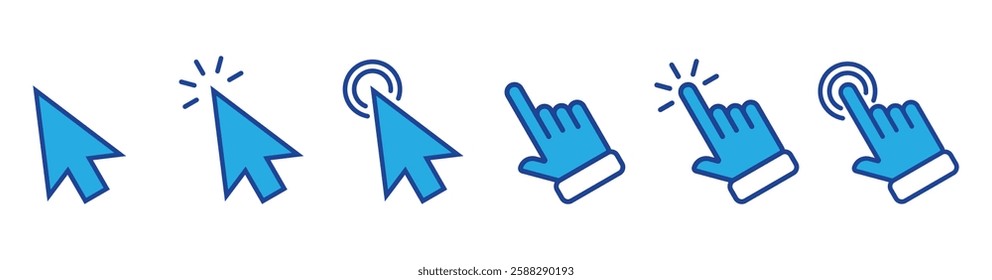 Computer mouse click cursor. Load symbol. Pointer cursor and loading icon. Cursors icons click set. Clicking cursor, pointing hand clicks icons.