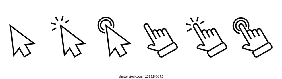 Computer mouse click cursor. Load symbol. Pointer cursor and loading icon. Cursors icons click set. Clicking cursor, pointing hand clicks icons.