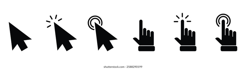 Computer mouse click cursor. Load symbol. Pointer cursor and loading icon. Cursors icons click set. Clicking cursor, pointing hand clicks icons.