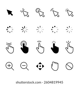 Computer mouse click cursor. Load symbol. Pointer cursor and loading icon. Cursors icons click set. Clicking cursor, pointing hand clicks icons.