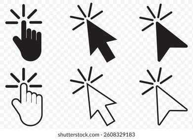 Computer mouse click cursor. Load symbol. Pointer cursor and loading icon. Cursors icons click set. Clicking cursor, pointing hand clicks icons in Black Color  on Transparent Background. EPS 10.