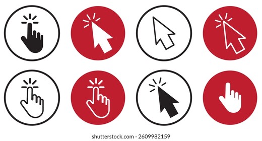 Computer mouse click cursor. Load symbol. Pointer cursor and loading icon. Cursors icons click set. Clicking cursor, pointing hand clicks icons.