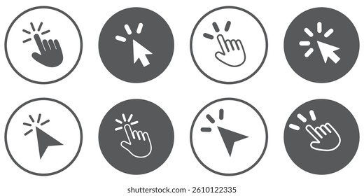 Computer mouse click cursor. Load symbol. Pointer cursor and loading icon. Cursors icons click set. Clicking cursor, pointing hand clicks icons. Variety Design.