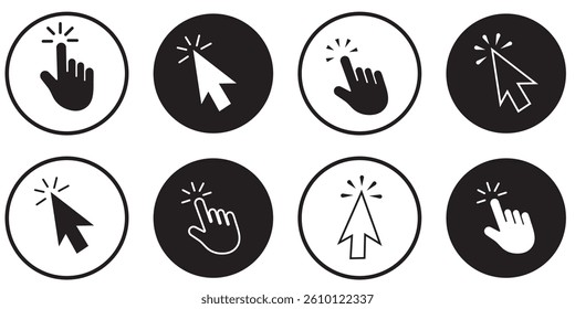 Computer mouse click cursor. Load symbol. Pointer cursor and loading icon. Cursors icons click set. Clicking cursor, pointing hand clicks icons. Variety Design.