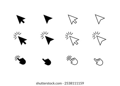 El cursor del Hacer clic del ratón del ordenador describe el estilo y el color. Cursor del puntero e icono de carga. Conjunto de iconos de cursor de Hacer clic. Haga clic en el cursor, señalando el Vector del icono del Hacer clic de mano.