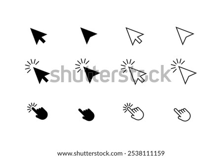 Computer mouse click cursor outlane style and color. Pointer cursor and loading icon. Click cursor icon set. Clicking cursor, pointing hand click icon vector.
