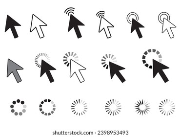 Computer mouse click cursor pointer  arrow icons set and loading icons. Hand clicking icon sets. Hand Cursor icon. Click icon sets. Mouse pointer sets. Vector illustration.