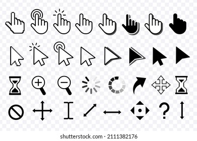 Computer Mouse Click Cursor. Mouse Pointers Set. Black Vector Icons Of Arrows And Hands. Different Smooth And Pixel Mouse Cursors. Vector Clipart. 