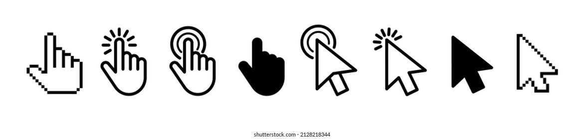 Computer Mouse click cursor. Mouse pointers set. Black vector icons of arrows and hands. Vector clipart.