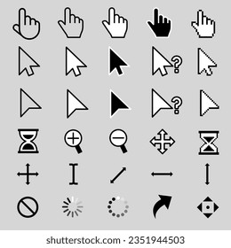 Computer Mouse click cursor. Mouse pointers set. Black vector icons of arrows and hands. Different smooth and pixel mouse cursors. Vector clipart.