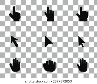 Computer Mouse Click Cursor Set. Hand and Arrow Pointer Pictogram on White Background. Black Finger Web Click Pointer and Arrow Line and Silhouette Icon. Isolated Vector Illustration.