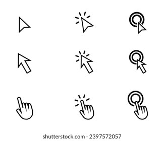 Computer Mouse Click Cursor Set. Hand and Arrow Pointer Pictogram on White Background. Black Finger Web Click Pointer and Arrow Line and Silhouette Icon. Isolated Vector Illustration.
