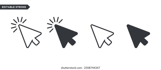 Computer mouse click pointer cursor arrow set Editable stroke pixel perfect. icon, click, arrow, finger, touch, point, mouse, cursor, tap, pointer, vector, screen, arrow, white, navigation, push, stic