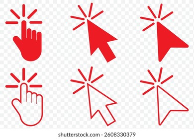 Computer mouse click  Red icon set. Hand and arrow pointer cursor - stock vector. Pointer cursor сomputer mouse icon. Clicking cursor, pointing hand clicks icons. Click cursor - stock vector.