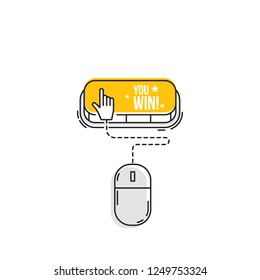 Computer mouse clicks the cursor on the you win button. Vector icon.