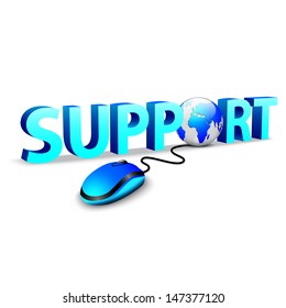 computer mouse connected to the blue word Support
