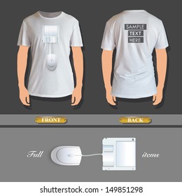 Computer mouse connected to a diskette printed on shirt. vector design 