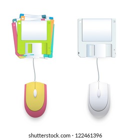 Computer mouse connected to a diskette. Vector design,