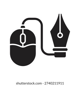 Computer mouse connected to fountain pen tool representing digital art graphic design creative technology online writing software interface