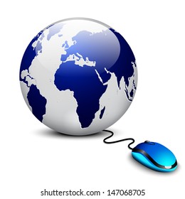 Computer mouse connected to a globe. 3d illustration isolated on a white background 