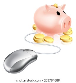 Computer mouse connected to piggy bank with gold coins. Concept for searching the internet for savings or investments accounts or similar