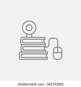 Computer mouse connected to a stack of books with webcam on it line icon for web, mobile and infographics. Vector dark grey icon isolated on light grey background.
