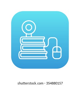 Computer mouse connected to a stack of books with webcam on it line icon for web, mobile and infographics. Vector white icon on the blue gradient square with rounded corners isolated on white