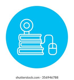 Computer mouse connected to a stack of books with webcam on it line icon for web, mobile and infographics. Vector white icon on the light blue circle isolated on white background.