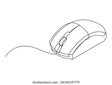 Computer mouse in continuous One line drawing vector. Mouse cursor to PC icon. Continuous outline of a Mouse computer device icon.
